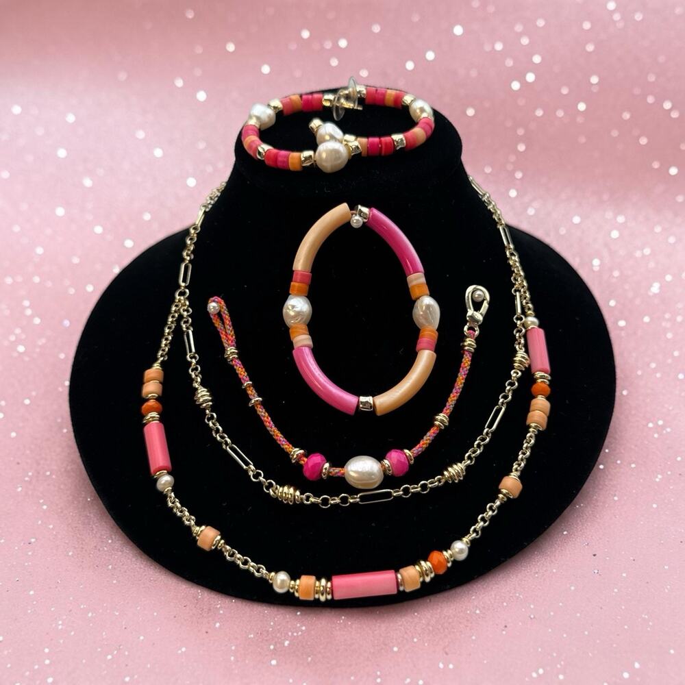 Kendra Scott Rachel 2 Strand Necklace Pink/Gold Layered, 2 Bracelets & Earrings
